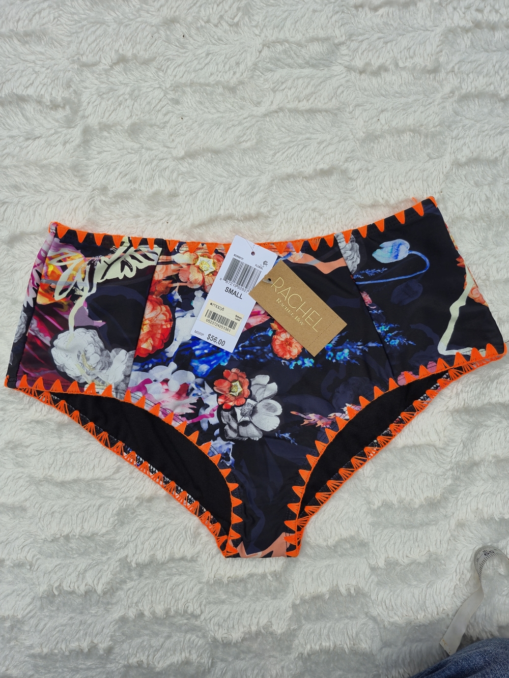 RACHEL Rachel Roy Floral High-Waist Bikini Bottoms in Black and Neon Orange Trim